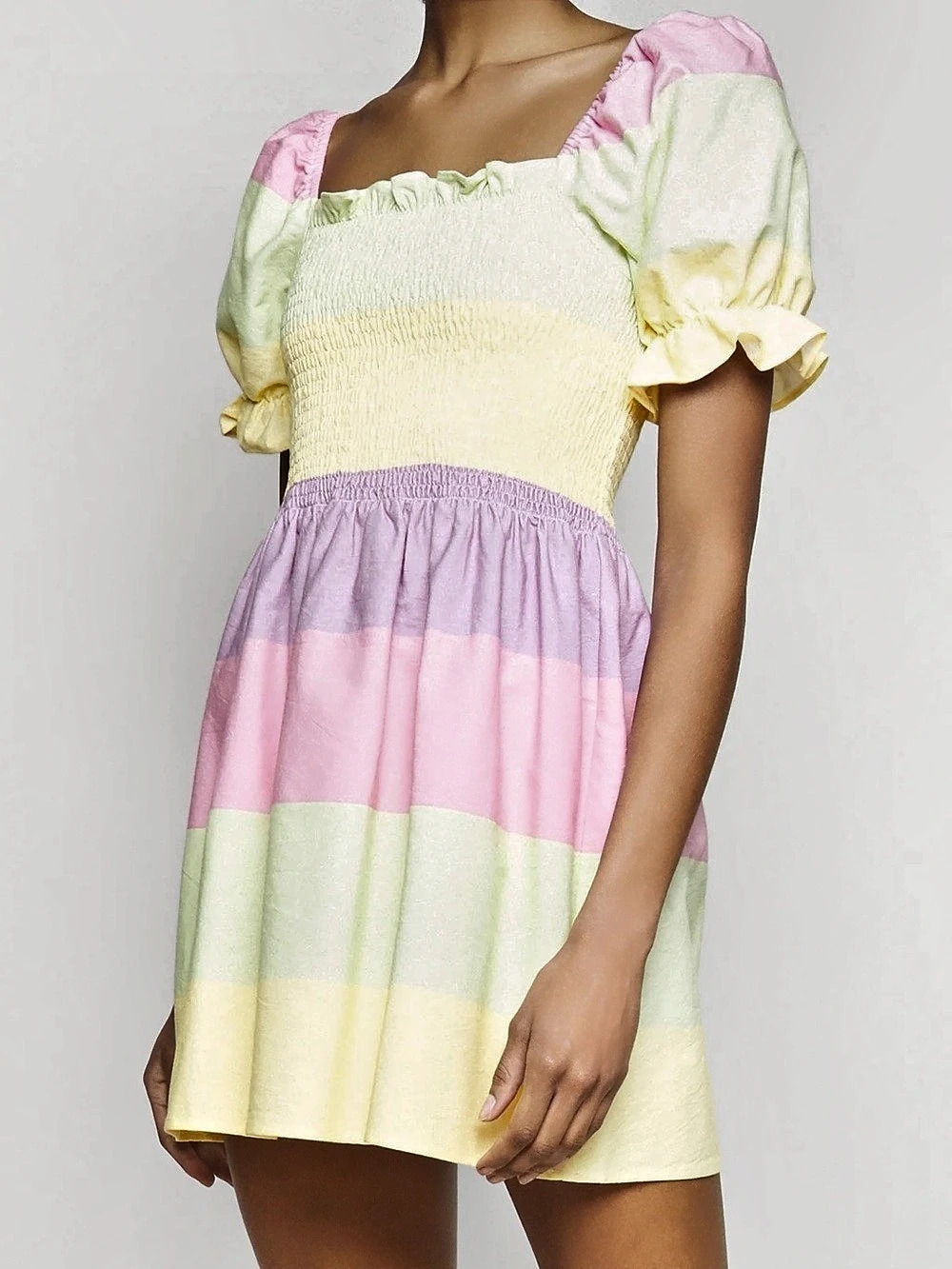 Olivia Rubin Day Dress Color Block Puff Sleeve Mini Dress Pink & Yellow